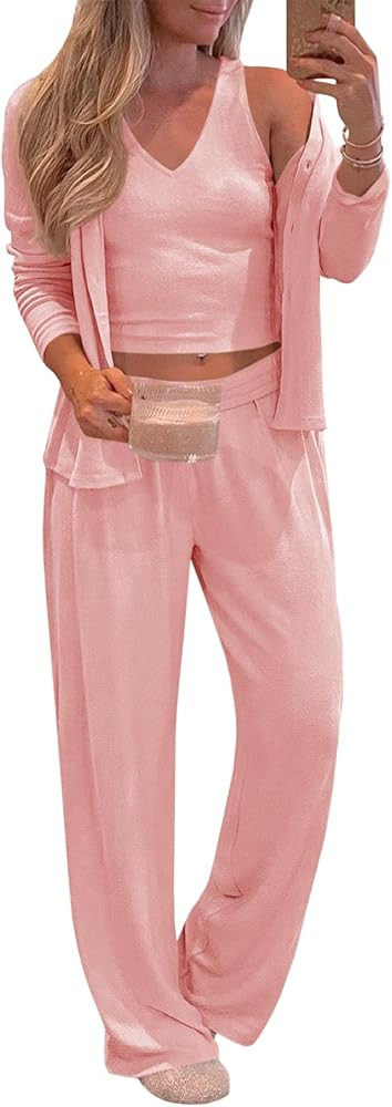 Tankaneo Womens 3 Piece Pajama Set Long Sleeve Shirts V Neck Tank Top Wide Leg Pants Sweatsuit Lo... | Amazon (US)