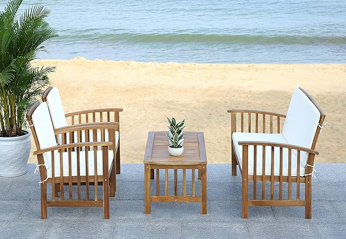 Safavieh Outdoor Collection Rocking 4 Piece Patio Set, Teak and Beige | Amazon (US)
