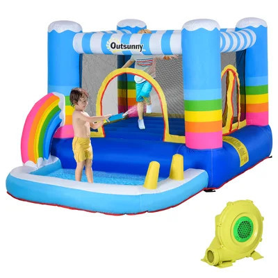 Outsunny Inflatable Bounce House for Kids 2-in-1 Jumping Castle for Indoor Outdoor Party with Trampoline, Pool, Carry Bag & Air Blower | Wayfair North America