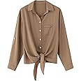 Dauocie Women's Tie Front Tops Casual Roll Up Sleeve Button Down Shirts with Pocket | Amazon (US)