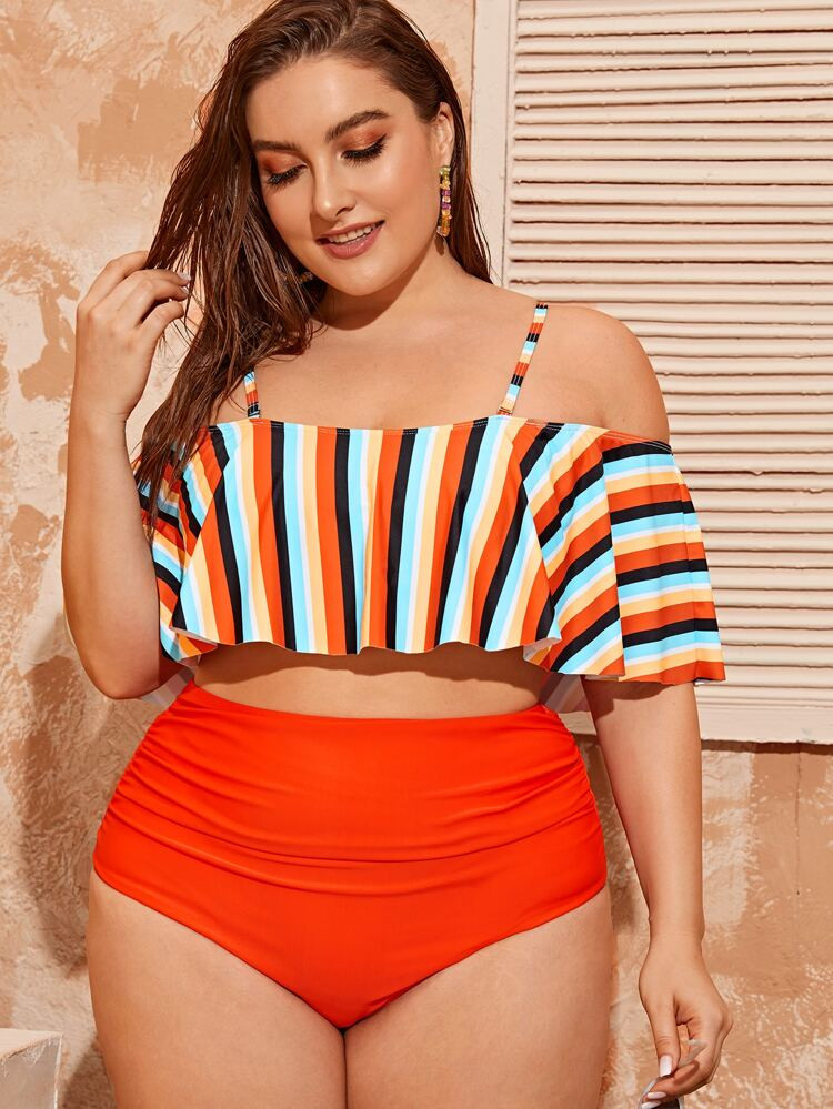 Plus Striped Ruffle Hem Off The Shoulder Bikini Swimsuit | SHEIN