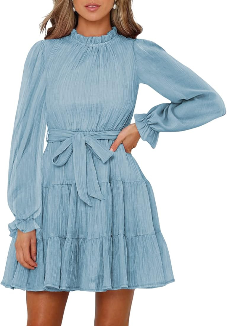 FARYSAYS Women's Dresses for Women 2022 Long Sleeve Ruffle Waist Tie Casual Mini Swing Dress | Amazon (US)