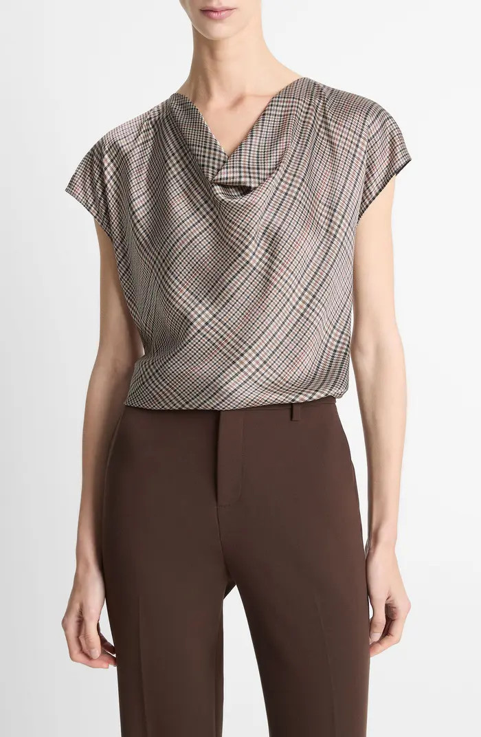 Pressed Plaid Cowl Neck Silk Top | Nordstrom