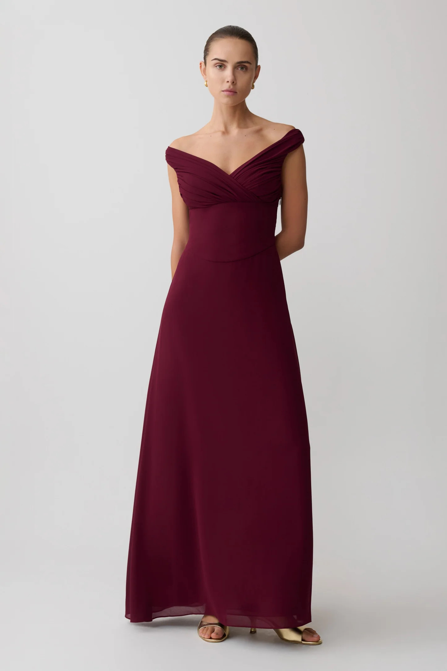 Mabel Off Shoulder Chiffon Maxi Dress - Merlot | MESHKI US