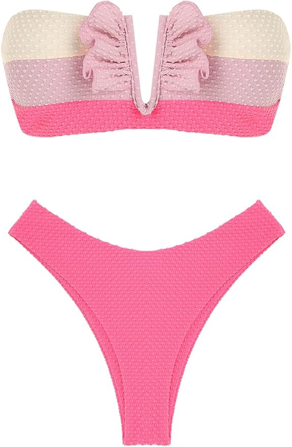 ZAFUL Women V-wired Ruffle Ribbed Bandeau Bikini, Lace Up Bikinis Strapless Two Pieces Swimsuit | Amazon (US)
