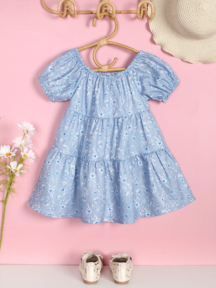 Toddler Girls Floral Print Puff Sleeve Ruffle Hem Dress | SHEIN