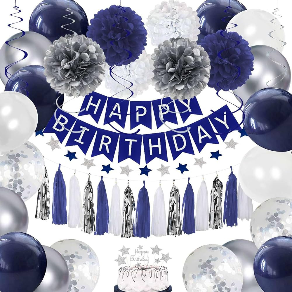 Birthday Decorations Men Blue, Navy Blue White Silver Party Decorations - Navy Blue and Silver Ba... | Amazon (US)