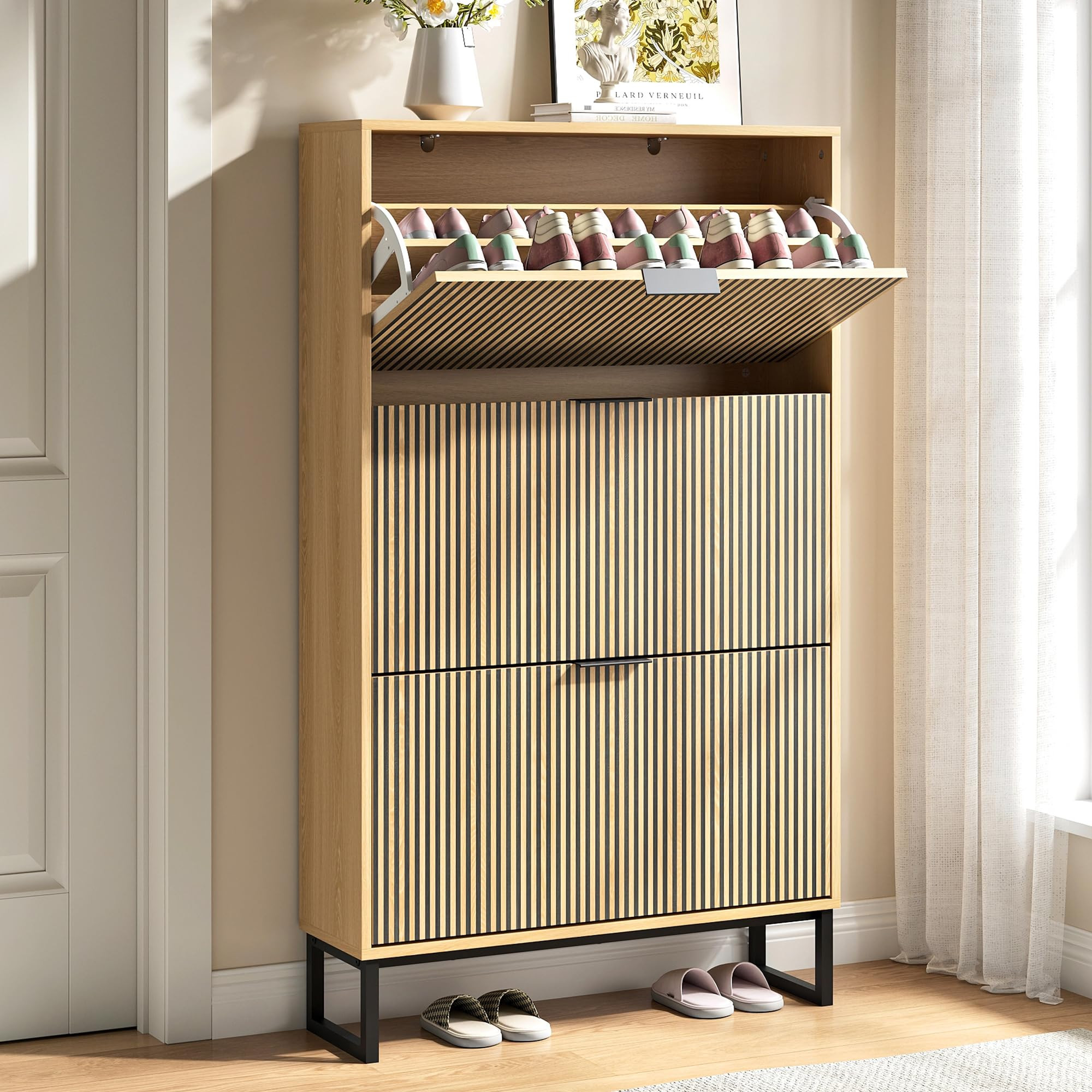 Shoe Storage Cabinet for Entryway with 3 Flip Drawers,Narrow Shoe Rack Cabinet,Hidden Slim Shoe S... | Amazon (US)