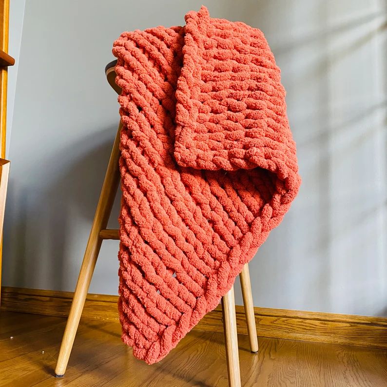 Handmade Chunky Knit BlanketChenille Burnt Orange Fall | Etsy | Etsy (US)