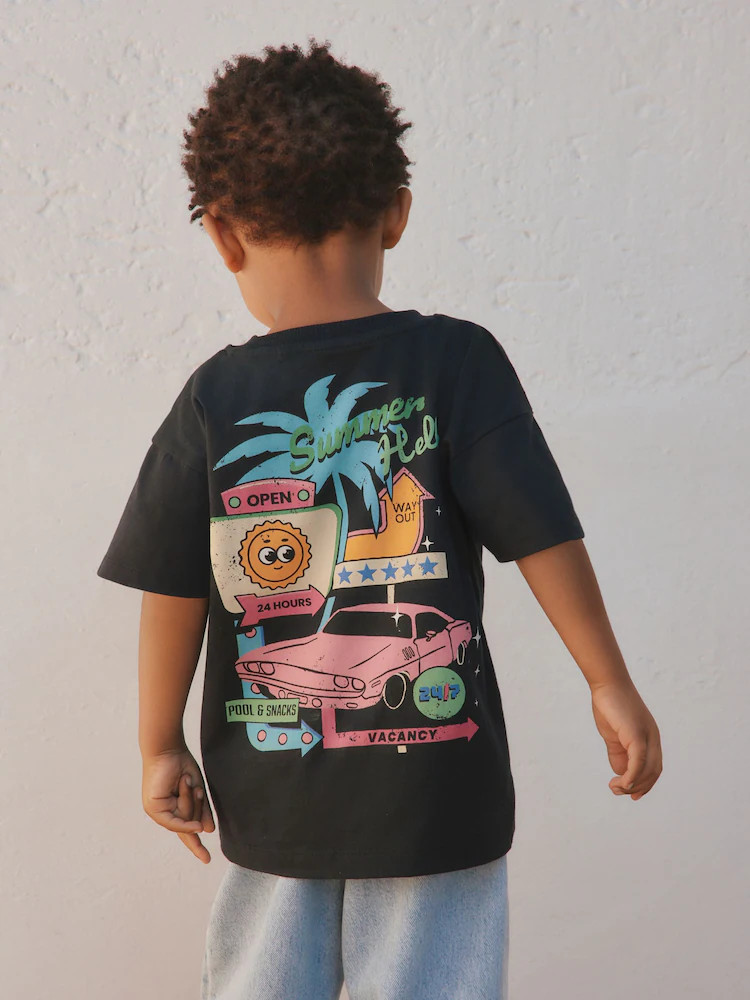Black Retro Motel Oversized Short Sleeve Back Print T-Shirt (3mths-7yrs) | Next US