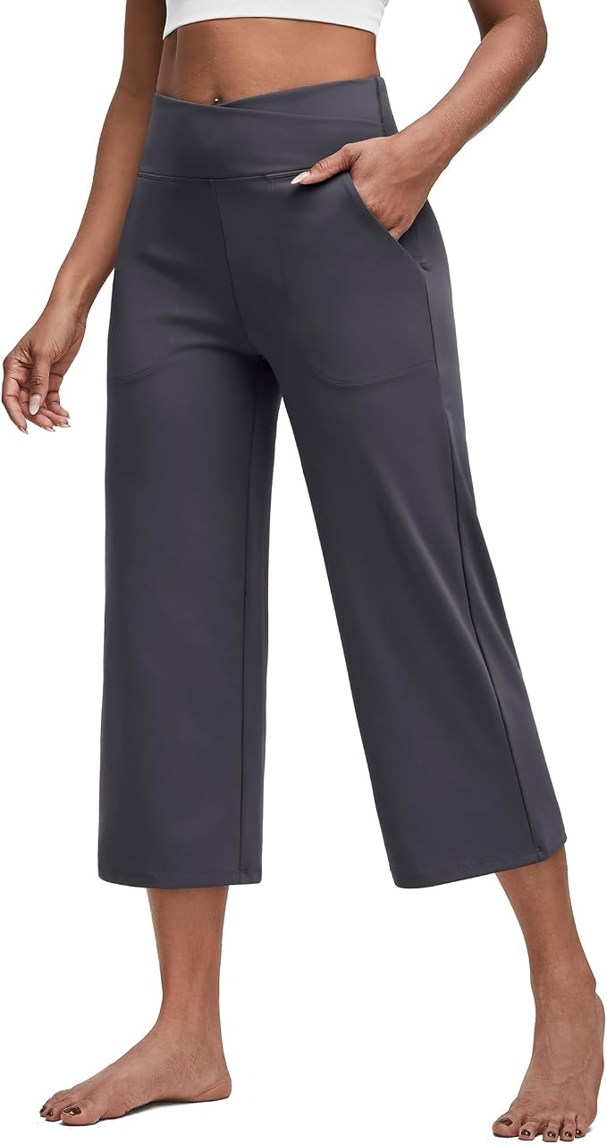 G4Free Capri Pants for Women with Pockets Cross Waist Wide Leg Yoga Pants | Sleek Soft, Moisture ... | Amazon (US)