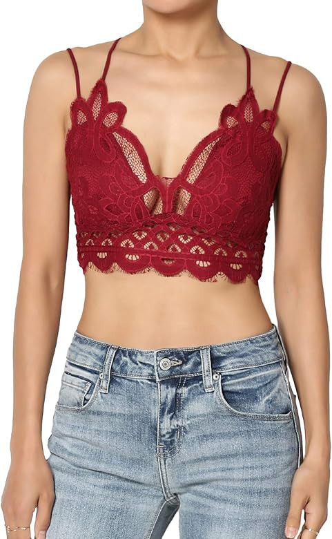 TheMogan Cross Strap & Stretchy Smocked Back Crochet Lace Bralette Pad Bra Top | Amazon (US)