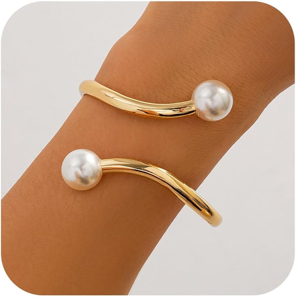 Pearl Bracelets for Women Trendy Gold Chunky Cuff Bracelets for Women Irregular Open Wide Wrist C... | Amazon (US)