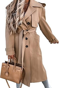 Fisoew Women's Double Breasted Long Trench Coat Windproof Classic Lapel Belted Overcoat with Pock... | Amazon (US)