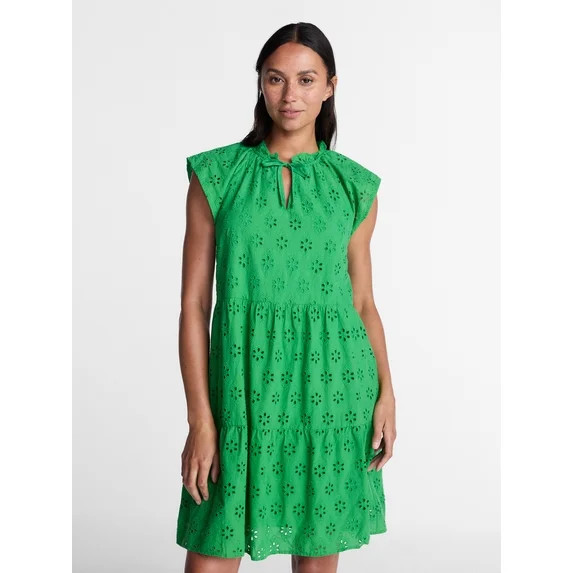 Time and Tru Women's Tiered Cotton Eyelet Mini Dress with Flutter Sleeves, Sizes XS-XXXL | Walmart (US)