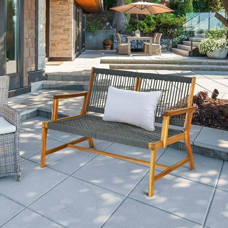 Costway 2-Person Patio Acacia Wood Bench Loveseat Chair Porch Garden Furniture Grey | Walmart (US)
