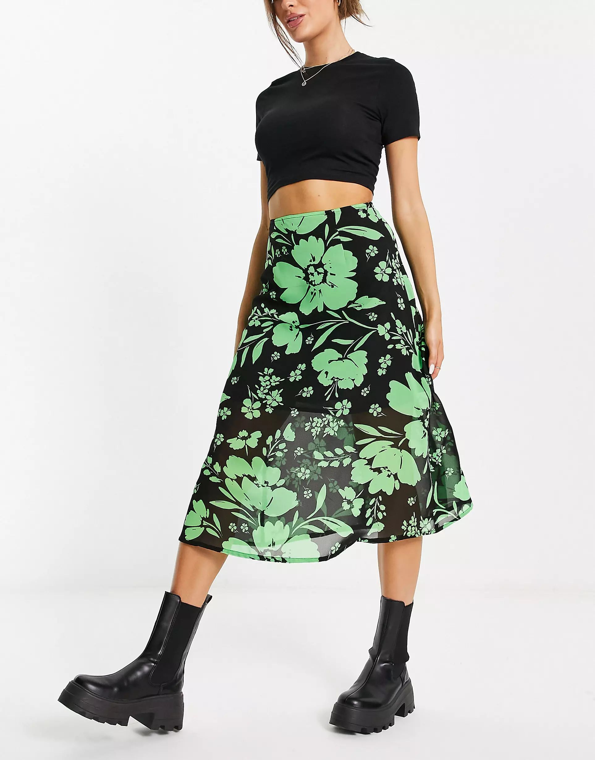 Wednesday's Girl sheer overlay midi skirt in green and black bloom floral | ASOS (Global)