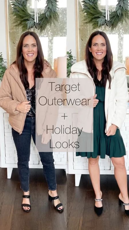 #AD Target Looks ~ Holiday ready for cold weather in my @target outerwear favorites! 🧥 ❄️ 
.
@targetstyle #targetpartner #targetstyle #target 
Fuzzy white jacket - size small TTS
Green dress - holiday perfect and tts (small)
Black heels (tts)
Black sequin cami (small)
Black jeans tts 
Puffer jacket with hood - small tts 

#LTKHoliday #LTKSeasonal #LTKstyletip
