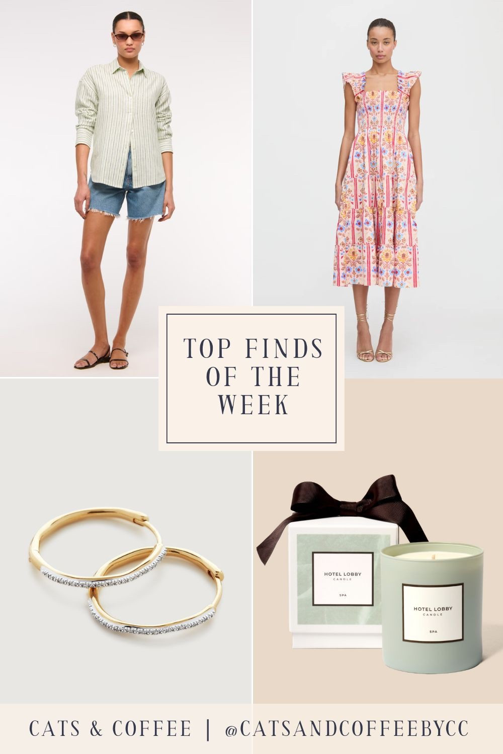 Four Top Finds of the Week: a pretty patterned Nap Dress for sunny days, my go-to Monica Vinader gold hoop earrings (which are currently on a major sale!), a pretty and soothing Hotel Lobby candle because we deserve it, and a lightweight, reasonably priced Abercrombie button down to layer all season.

#LTKGiftGuide #LTKPetite #LTKSaleAlert