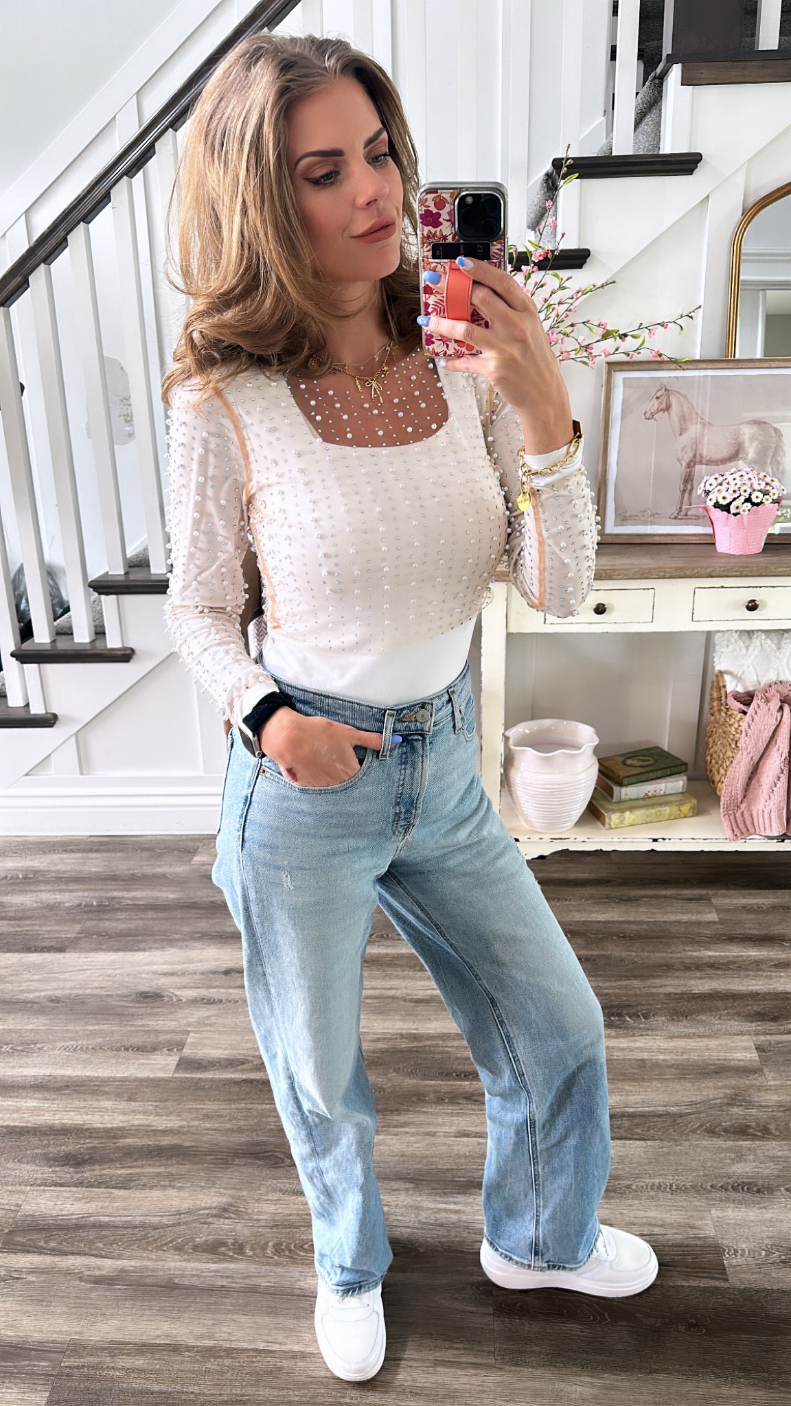 Love this top! Wear it casual like this or totally dress it up! 
Black shirt and faux leather pants would be adorable with this too! 

I got a small but wish I would have got a medium so it fit over everything  