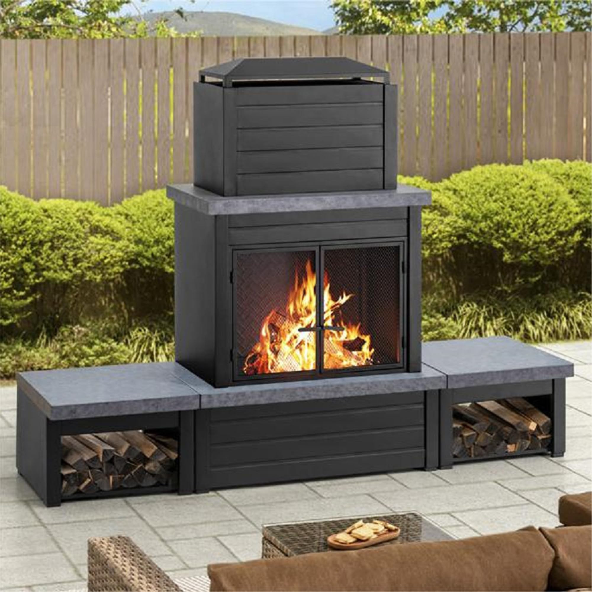 Sunjoy Wood Burning Fireplace – Matte Black Outdoor Steel Fireplace with Chimney, Log Holders, Fireplace Tool, and PVC Cover | Amazon (US)