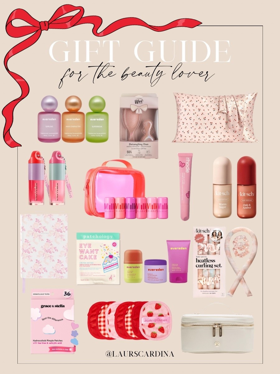 Gift guide for the beauty lover, including fragrance, a detangling duo, satin pillowcase, lip gloss, Milk Makeup cooling water jelly tint, lip tint, hair perfume, a journal, eye patches, Everden pre-teen collection, heartless curlers, pimple patches, Makeup Eraser, and a Lululemon makeup case.

Gifts for girls, gifts for teens, gifts under 25, gifts under 50

#LTKHoliday #LTKGiftGuide #LTKFindsUnder50