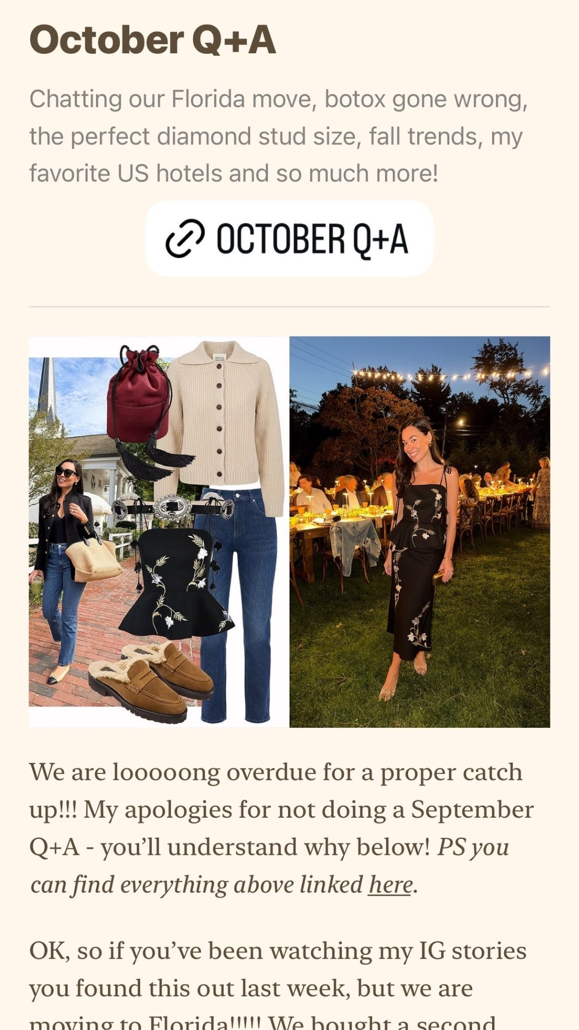 October Q+A is up on Substack! We’re chatting fall fashion, Botox, our Florida move and more 🤍