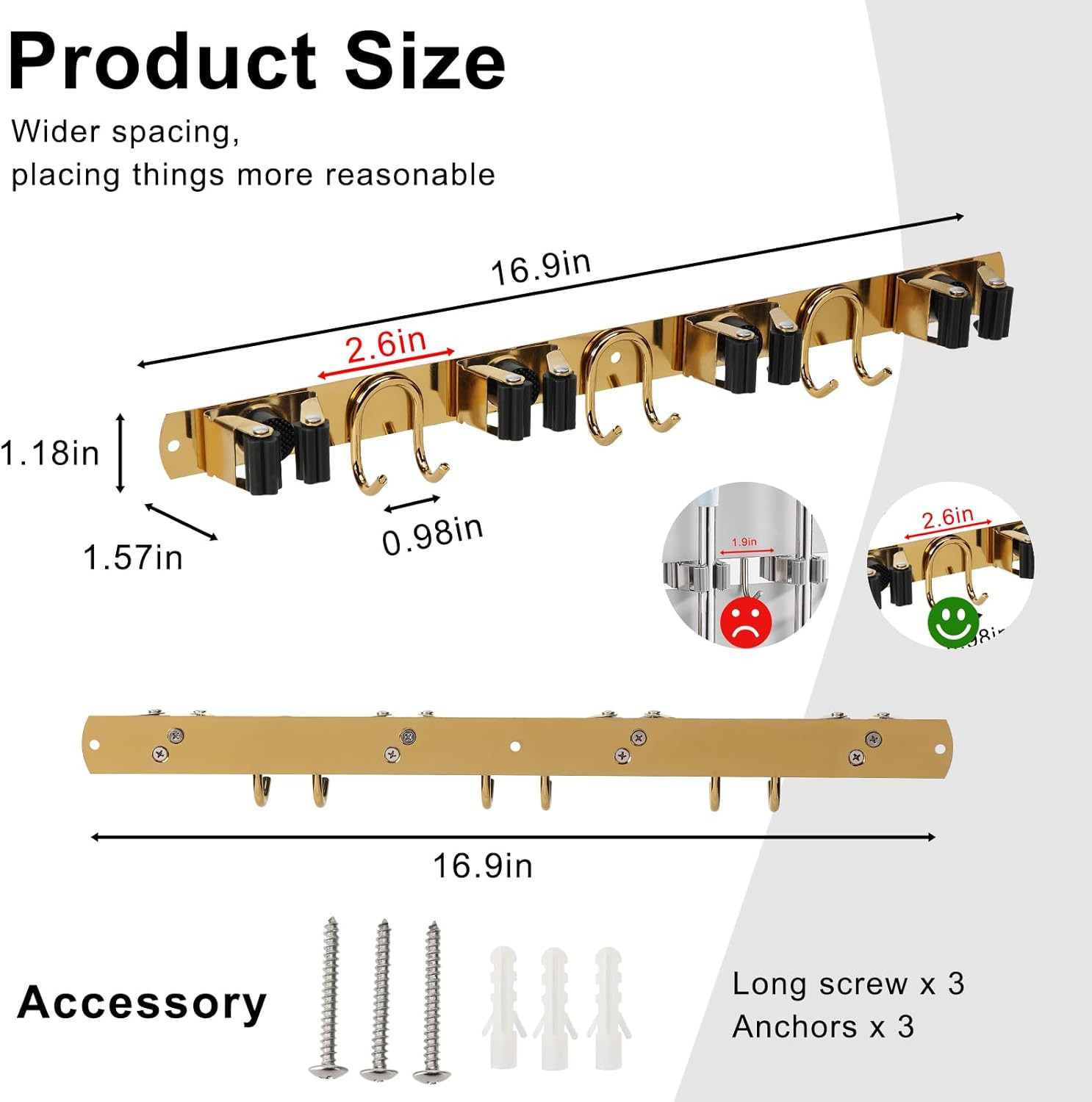 Mop Broom Holder Wall Mount, Gold Stainless Steel Tool Storage Organizer for Kitchen Garden Garag... | Amazon (US)