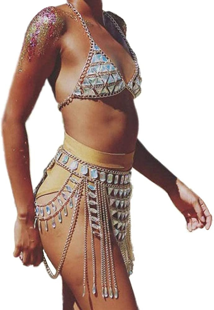 CanB Rhinestone Body Chain Suit Boho Body Waist Belly Chain Skirt Crystal Body Chain Bra top Fest... | Amazon (US)