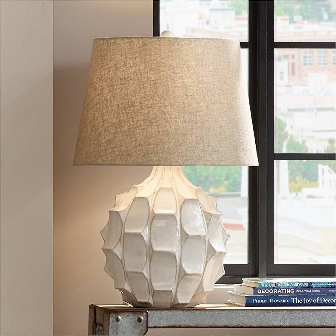 Cosgrove Mid Century Modern Table Lamp 26.5" High Ceramic White Glaze Light Brown Linen Drum Shad... | Amazon (US)