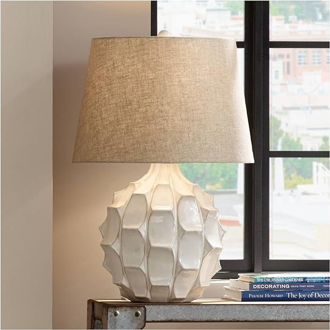 Cosgrove Mid Century Modern Table Lamp 26.5" High Ceramic White Glaze Light Brown Linen Drum Shad... | Amazon (US)