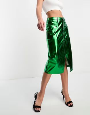 Amy Lynn Lupe midi skirt in metallic scarab green | ASOS (Global)