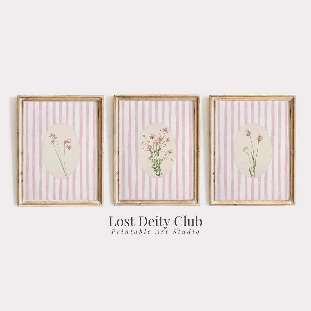 Pink Striped Floral Art Prints Set of 3, Cottagecore Botanical Prints, Girls Room Pastel Pink Gra... | Etsy (US)