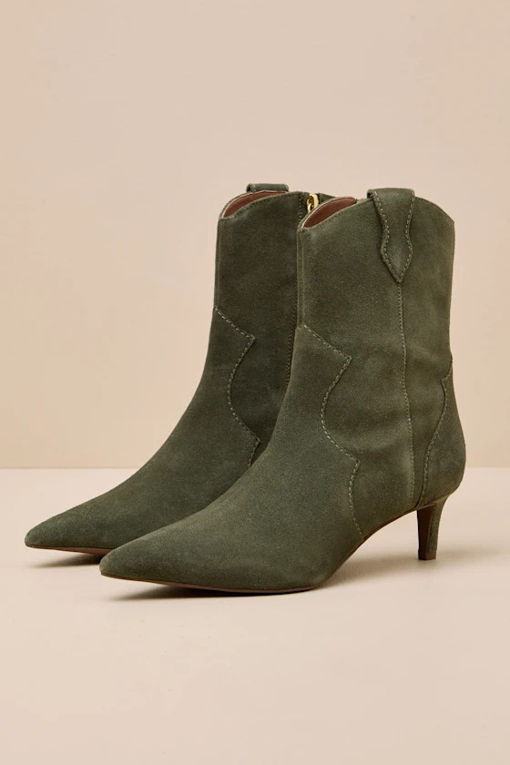 Dallas Olive Suede Leather Western Kitten Heel Booties | Lulus