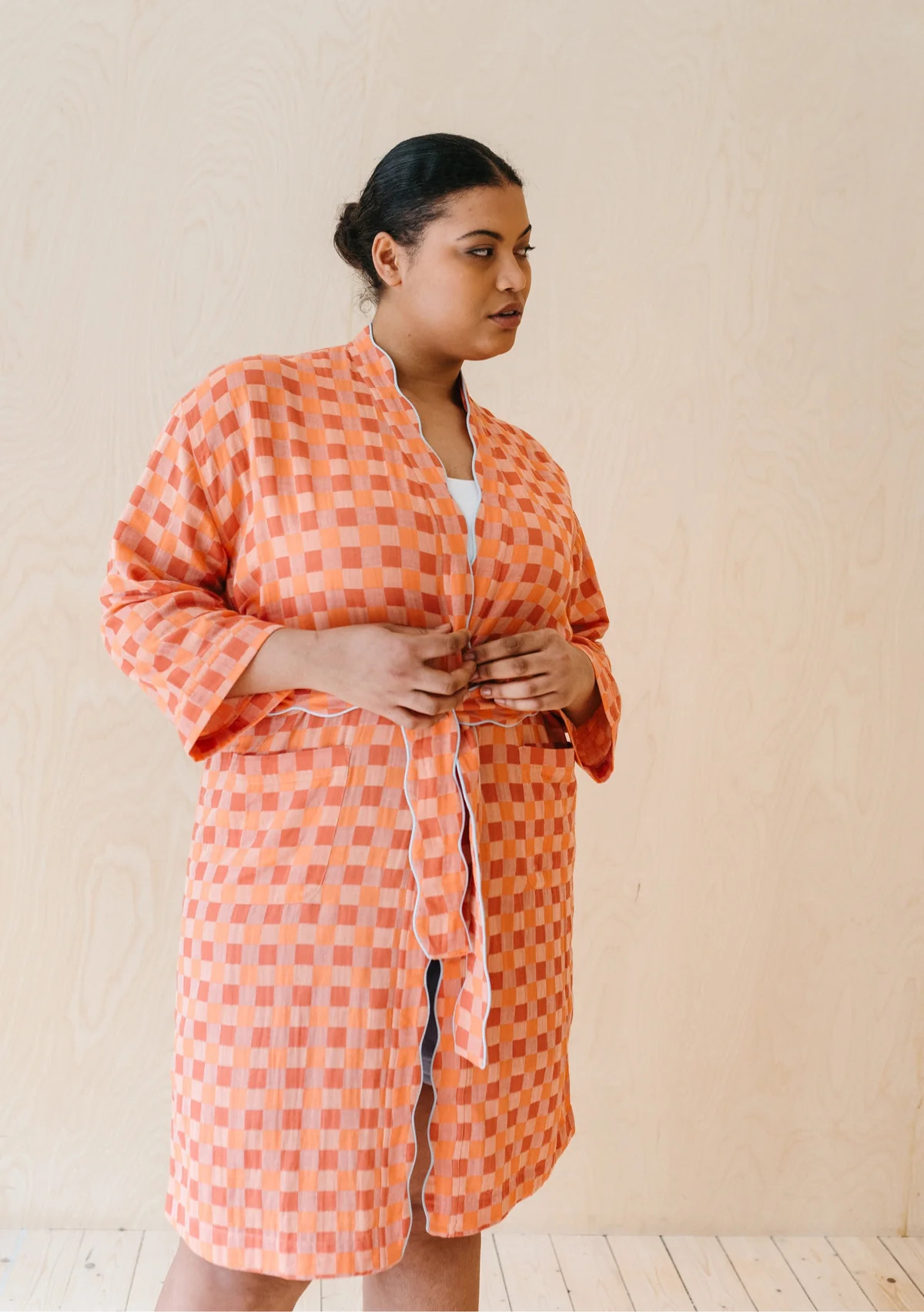 Cotton Robe in Apricot Checkerboard | The Tartan Blanket Co.