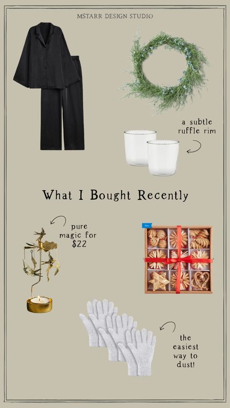 What I bought recently...Christmas wreath, dusting gloves, a magical candle, basket weave ornaments, scalloped glasses, and satin pajamas. 

#target #worldmarket #amazon #terrain #hm


#LTKHoliday #LTKunder50 #LTKhome