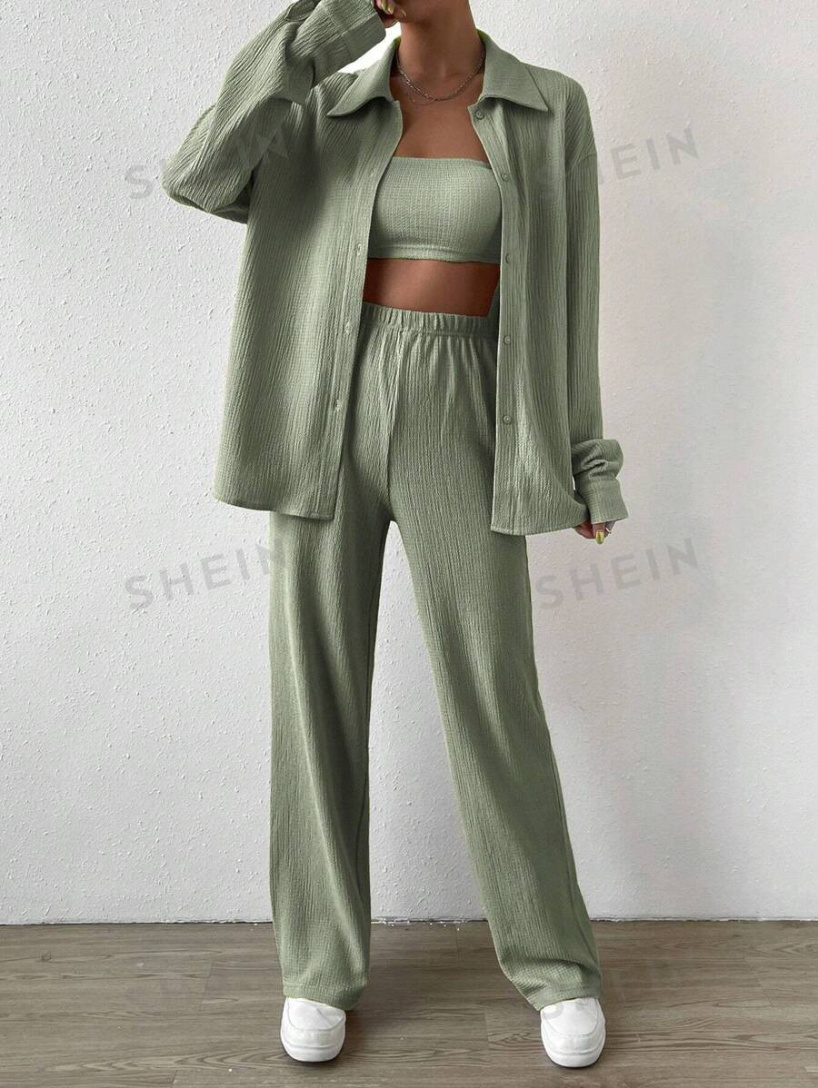 SHEIN EZwear Solid Tube Top & Button Front Shirt & Pants | SHEIN