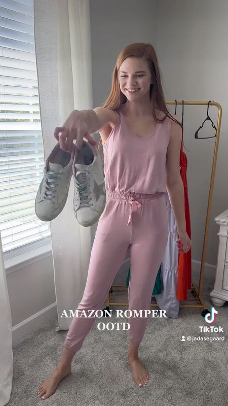 Styling this light pink romper from amazon with golden goose sneakers and gold beaded bracelets from bauble bar for spring 💗 

#LTKSeasonal