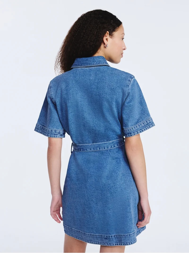 Free Assembly Women's and Women's Plus Embroidered Denim Mini Shirtdress with Belt, Sizes XS-4X | Walmart (US)