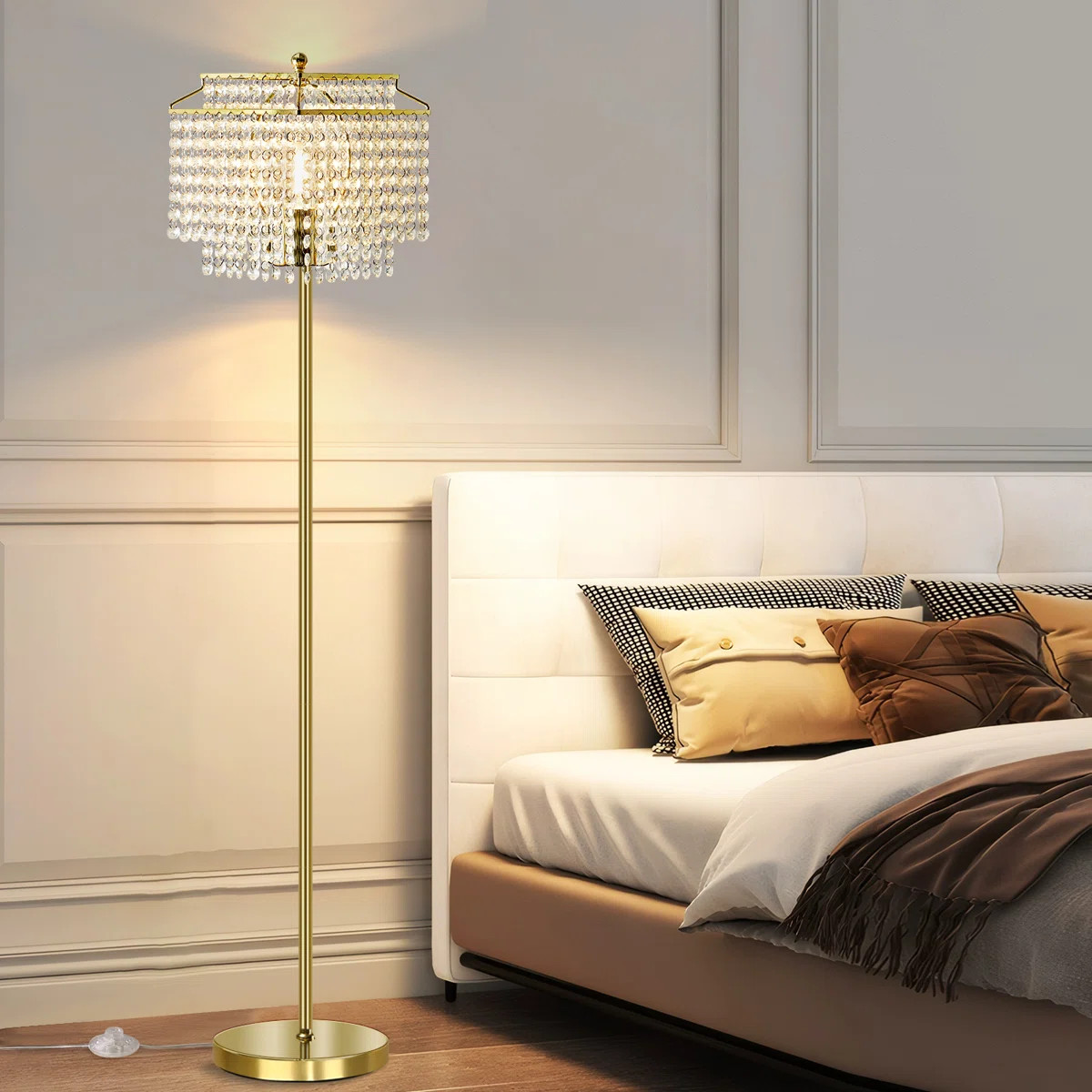 Heidebert Crystal Floor Lamp, Elegant Standing Lamp with On-Off Foot Switch, Double-Layer Lampsha... | Wayfair North America