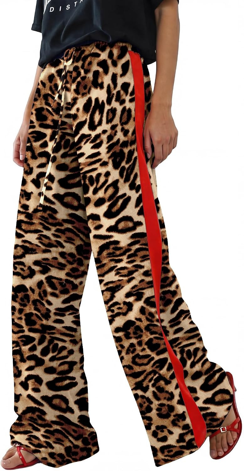 Rapbin Womens Leopard Wide Leg Pants Flowy Side Striped Palazzo Trousers | Amazon (US)