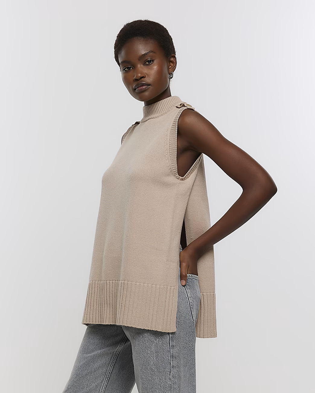 Beige split hem knitted tank top | River Island (US)