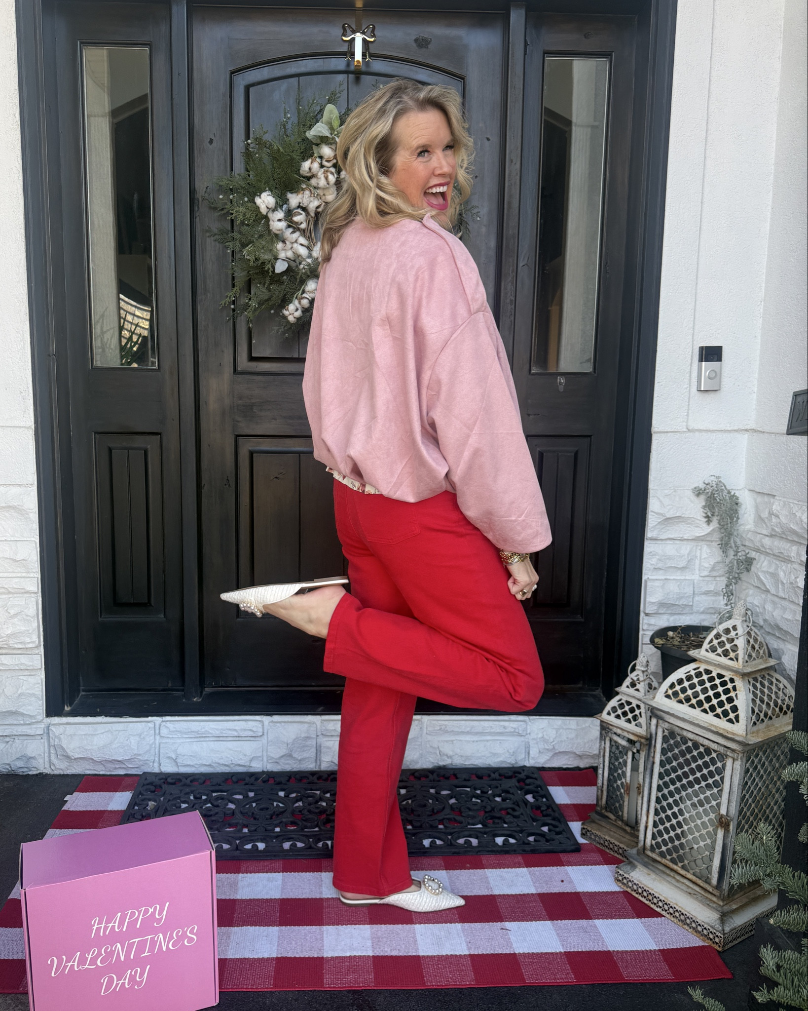 Outfit inspo 
Pink and red ❤️🎀
And floral print

Cute for Valentine’s Day ❤️🎀
Cute for everyday and a great light layer✔️

-Pink suede light weight viral hip length jacket, fits tts in a med and comes in several colors I love it so much I have in 3 colors 
Affordable and great quality Amazon find

-Viral lace bodice top with floral pattern below, babydol style but hip length, great quality, light weight, not itchy and tts in a med comes in several color combos, fabrics solids etc 

The best NEW arrival from Spanx
These red straight leg jeans, fits tts so good and very comfortable! Zip up, one button and in a med!❤️ red is so hot for Spring and you’ll wear these on repeat like I have been✔️
Use Code: Deardarcyxspanx to save 15% 

Tweed and peal Steve Madden slides/mules comfy and so cute (I got these at the Nordstrom sale over summer… I’ll like similar 

Pearl earrings 

#LTKootd #LTKOver40 #LTKValentine