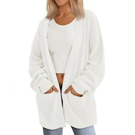 Wangxldd White Cardigan for Women Open Front Chunky Cable Knit Sweaters Long-Sleeve Color Block Fleece Cardigans with Pockets White S | Walmart (US)