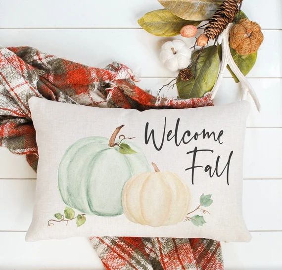 Fall Pillow Cover - 12x18 Welcome Fall Green Pumpkin Pillow | Welcome Fall Watercolor Pumpkin Pil... | Etsy (US)
