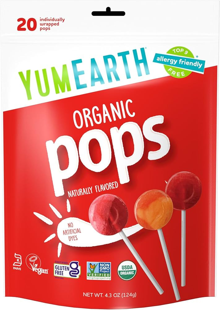 YumEarth Organic Lollipops, Assorted Flavors, 4.3 Ounce, 20 Lollipops - Allergy Friendly, Non GMO... | Amazon (US)