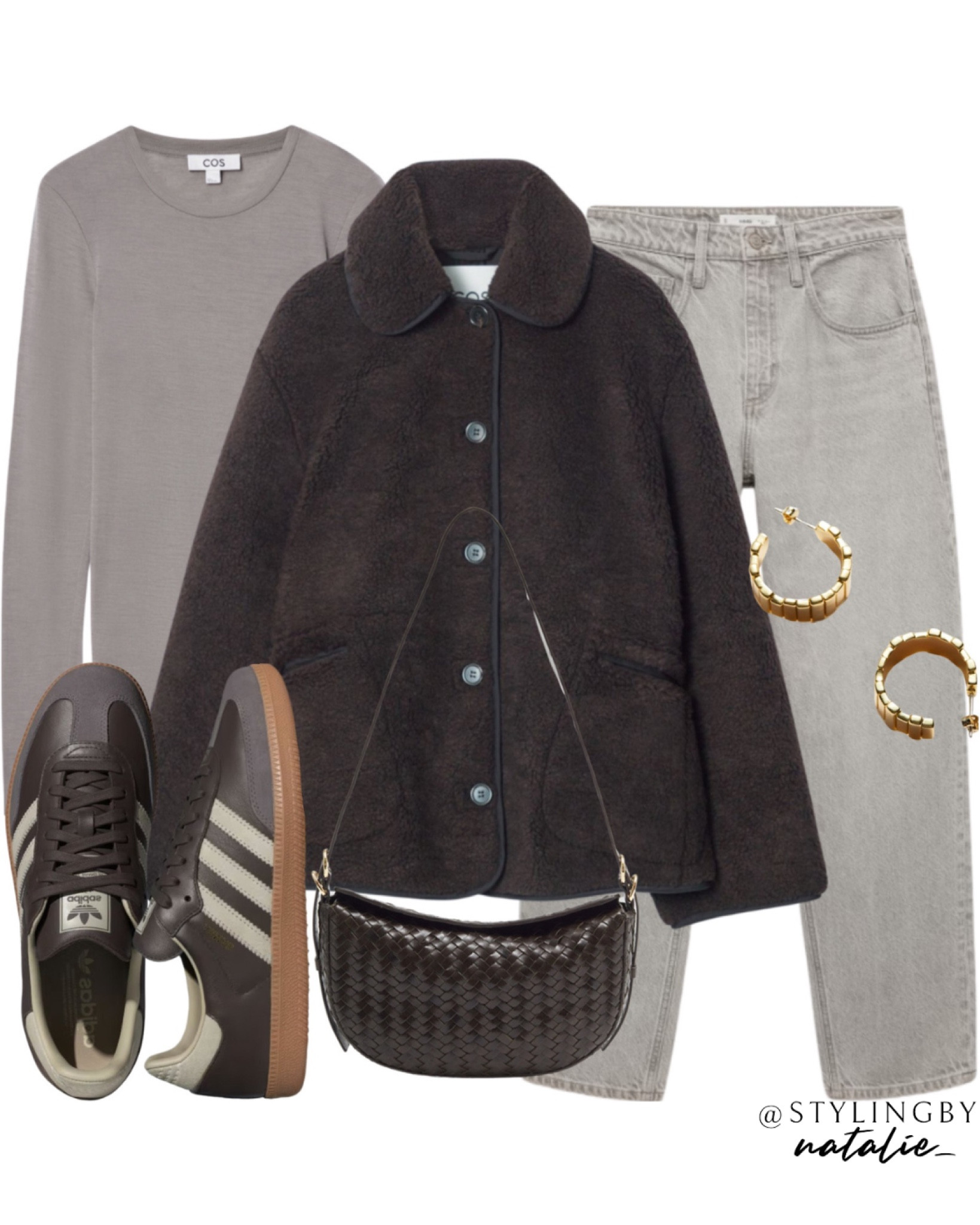 Shearling fluffy jacket, grey balloon tapered jeans, brown adidas sambas, woven crossbody bag & taupe long sleeve t-shirt. 
Autumn outfit, winter look, bonfire night.

#LTKstyletip #LTKeurope #LTKmidsize