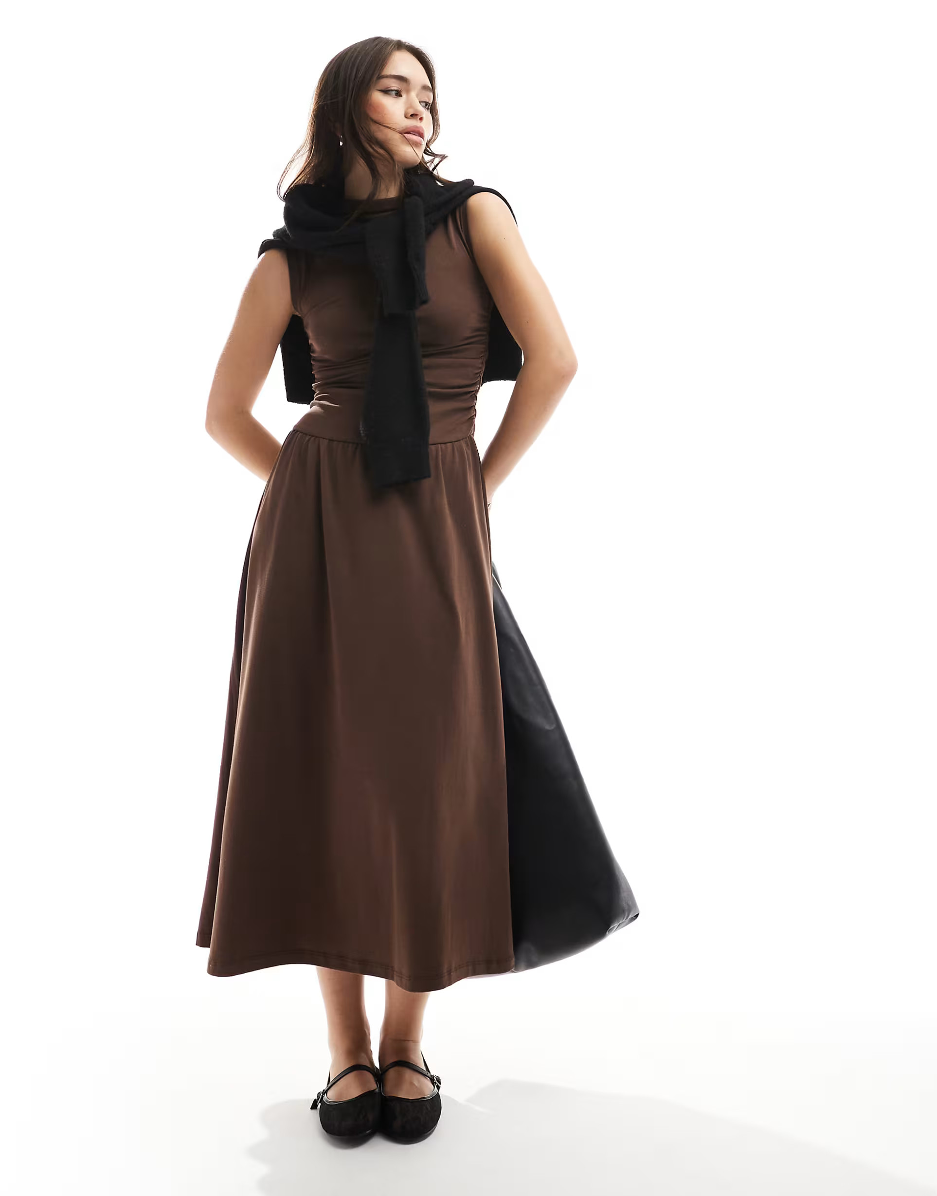 Stradivarius high neck drop waist midi dress in brown | ASOS (Global)