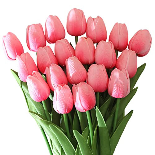 SOJIRUSPA Dark Pink Tulips Artificial Flowers 20Pcs Real Touch Faux Fake Tulips Flowers for Home Office Wedding Decor Artificial Tulips Flower Arrangement Bouquet Faux Flowers for Decoration | Amazon (US)