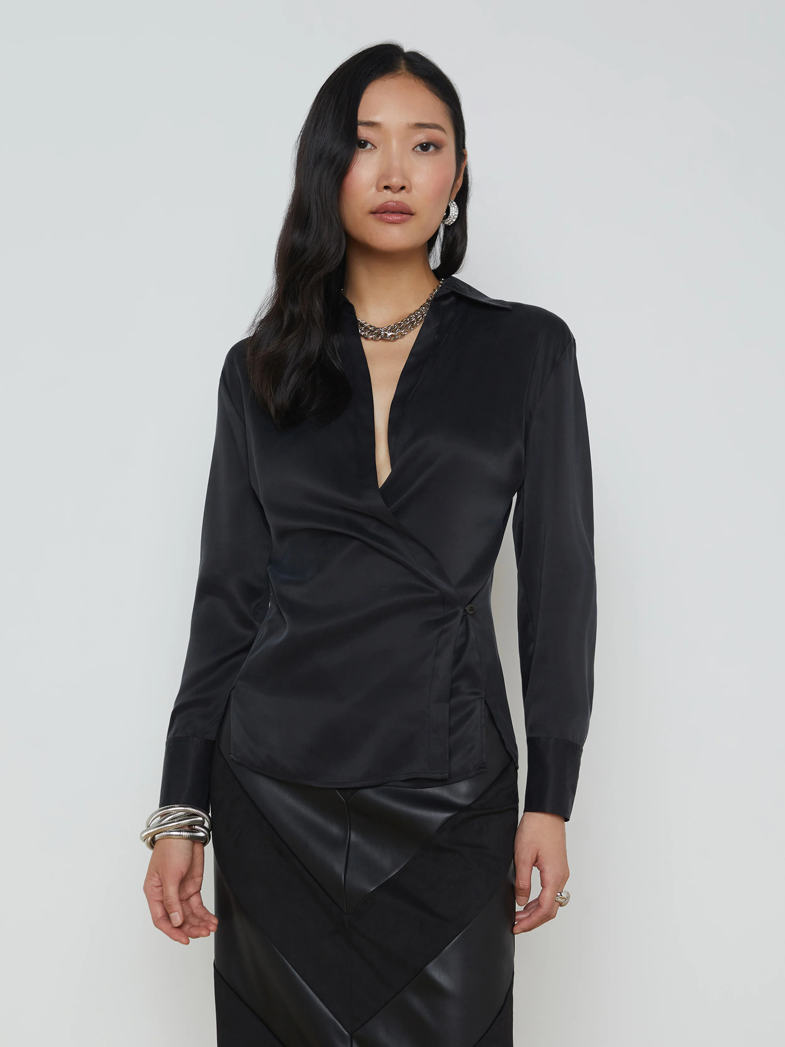 L'AGENCE - Sora Silk Wrap Blouse in Black | L'Agence